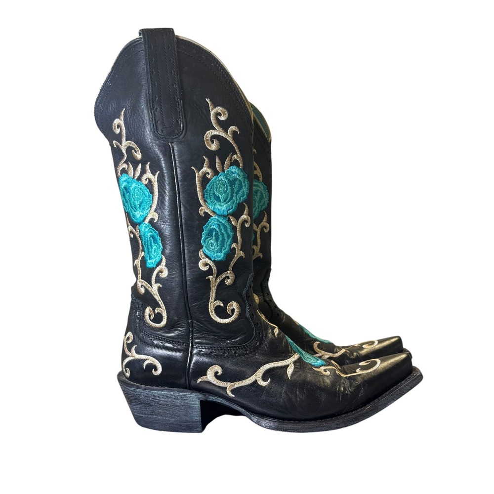 Ariat Black Leather Turquoise Floral Embroidered Snip Toe Western Boots 7 B - Picture 4 of 14